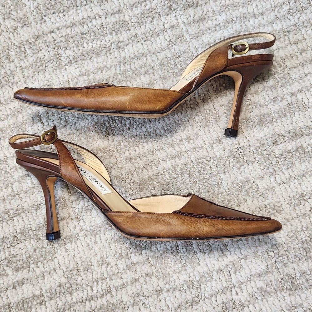 Jimmy Choo women's point toe slingback leather heels brown size 37 IT or 7 US - Picture 5 of 10